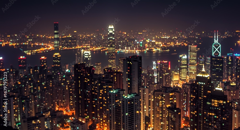 Obraz premium Hong Kong Night Skyline Cityscape Aerial View skyscrapers buildings city urban lights illumination bokeh blur dreamy harbor Asia metropolis