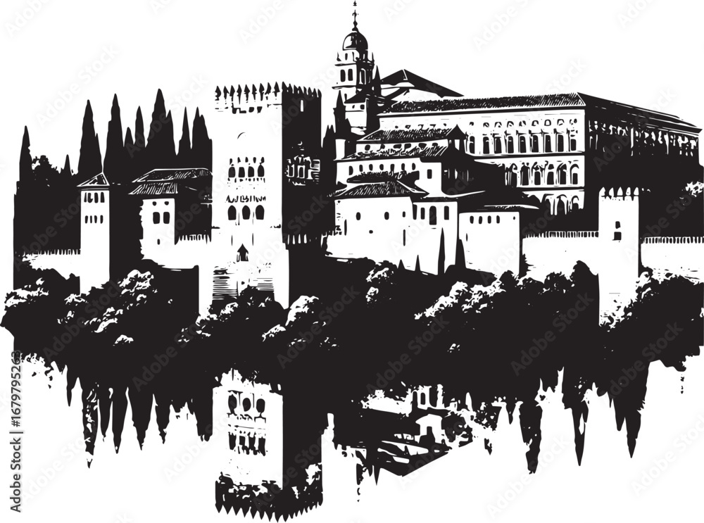 Obraz premium Architectural Illustration of a Historic Castle and Its Reflection in Black and White