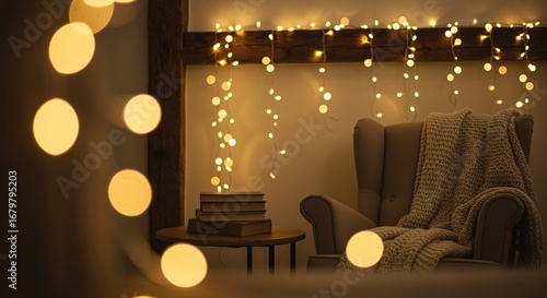 Cozy Reading Nook Warm Lights Winter Evening armchair blanket books fairy lights home interior lighting night relaxation room table bokeh