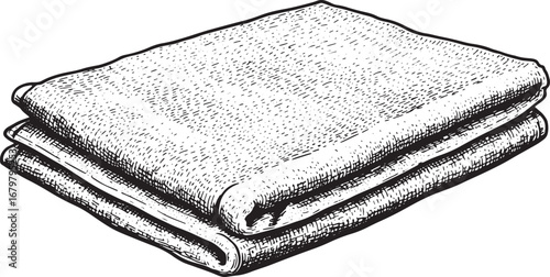 Monochrome woodcut illustration of neatly folded towels on a pri