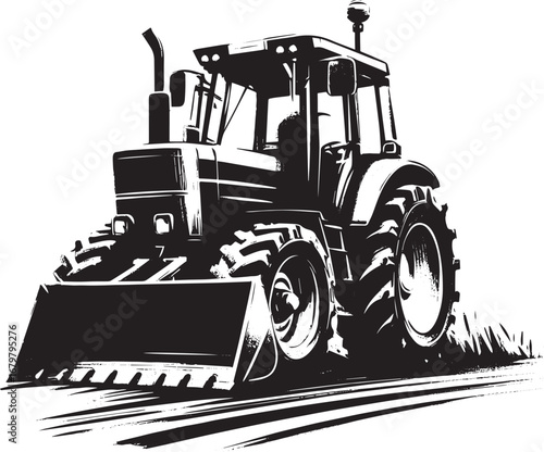 Monochromatic tractor front loader artwork in simple lines and b