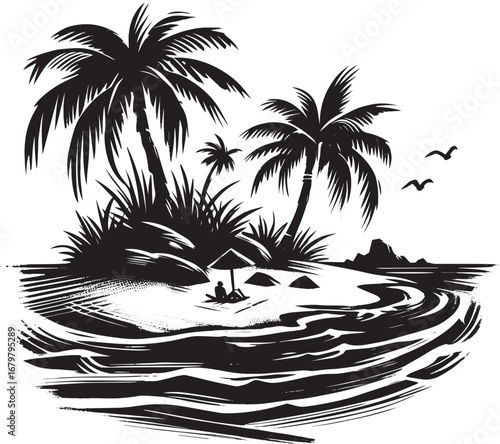 Monochrome tropical island vista in brushstroke style with silho