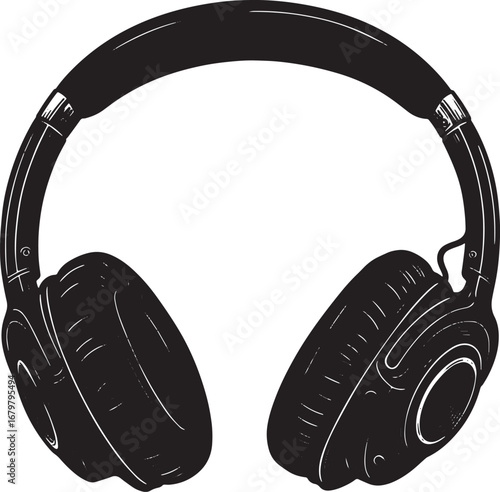 Detailed Woodcut Illustration of Wireless Headphones on Isolated