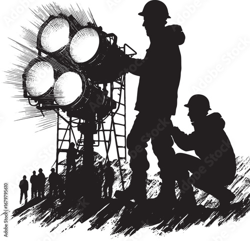 Silhouette of Workers Operating Stage Lights and Tower with Team Members at Work