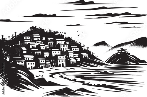 Monochromatic coastal village scene in sumi-e style, logo or min