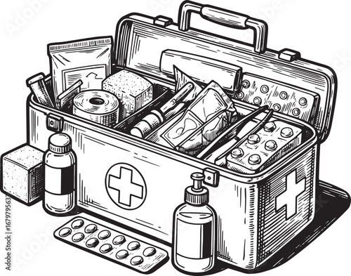 Detailed woodcut illustration of a first aid kit filled with ess