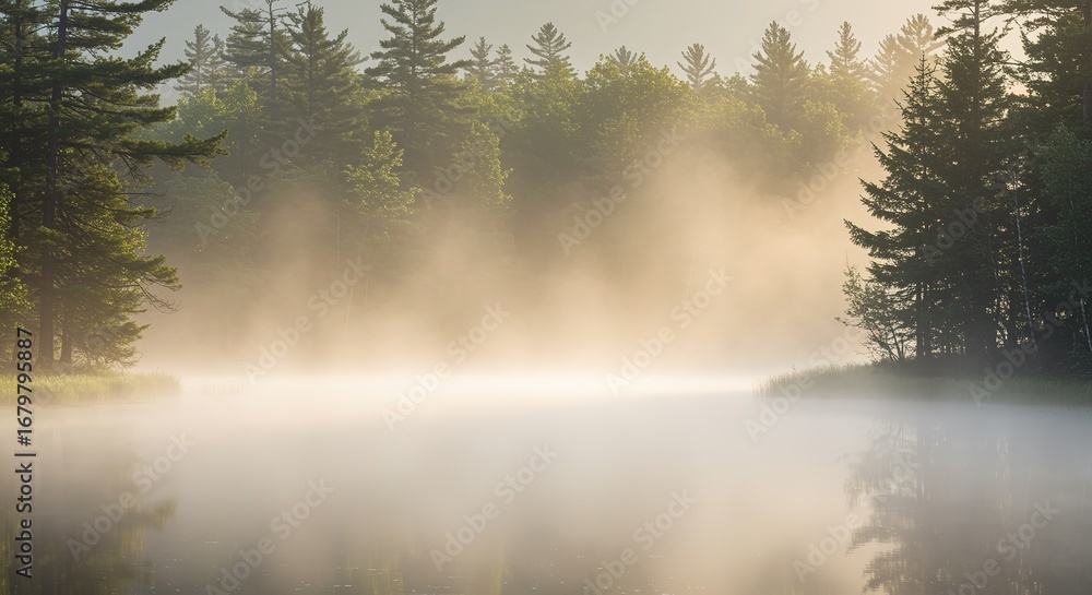 Fototapeta premium Misty Sunrise over Calm Lake and Forest mist fog trees water nature peaceful serene morning golden hour sunlight landscape tranquil outdoor