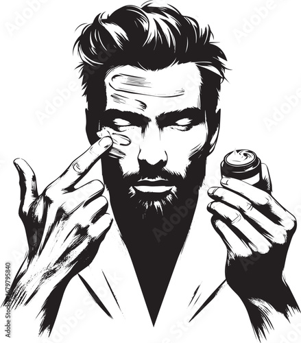 Black and white illustration of a man applying skincare product