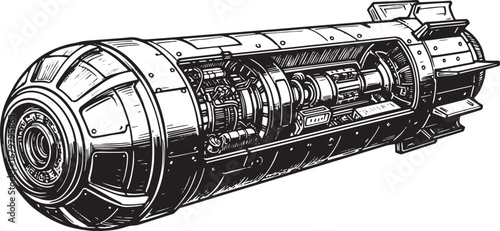 Detailed black and white woodcut illustration of a futuristic to