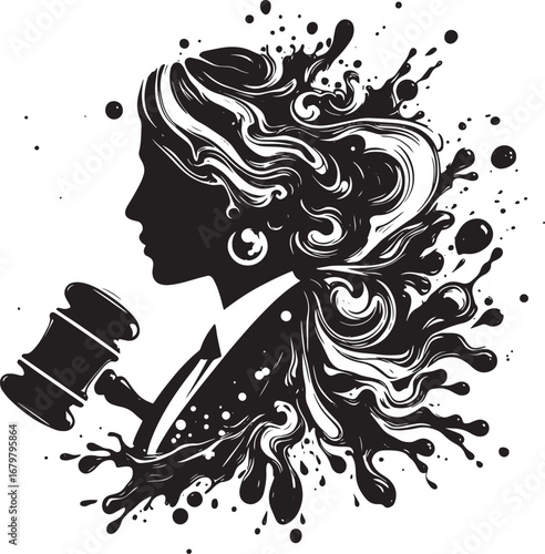 Artistic Silhouette Depicting a Judge Holding a Gavel with Abstract Ink Splatter Elements