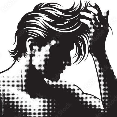 Stylish monochrome portrait of a man with textured hair in a halftone vector art style