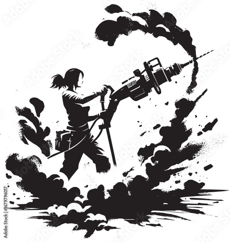 Woman operates jackhammer in sumi-e style, surrounded by dust an