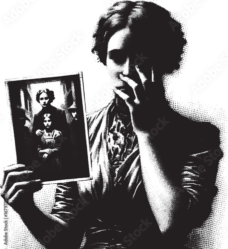 A vintage black and white illustration of a woman grieving over a family photograph