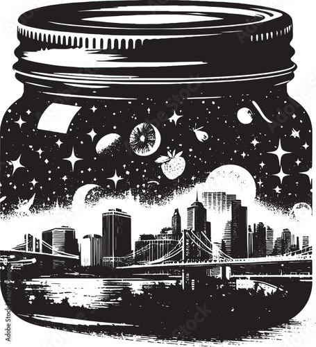Black and white illustration of a cityscape within a mason jar with cosmic elements inside