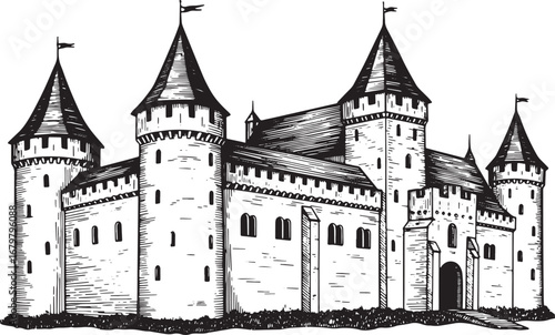 Detailed Black and White Woodcut Illustration of a Medieval Feud