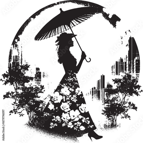 Elegant Silhouette of a Woman with an Umbrella in a Cityscape Circle Design