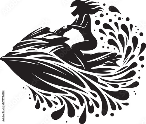 Silhouette of a Person Riding a Jet Ski on Water with Dynamic Water Splash Design