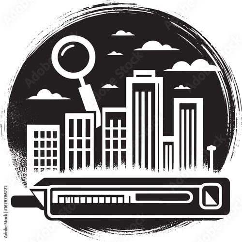 Minimalist cityscape inspection icon featuring buildings, brush