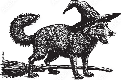 Enchanting canine familiar: woodcut illustration of a dog witch