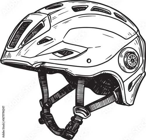 Monochrome woodcut drawing of safety sailing helmet, isolated on