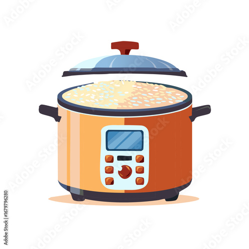 Automatic multi cooker appliance with opened lid and cooked rice