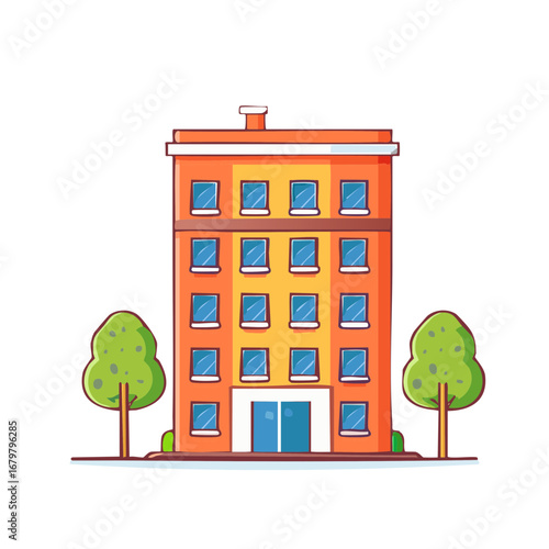 Brightly colored tall apartment building with trees and blue doors