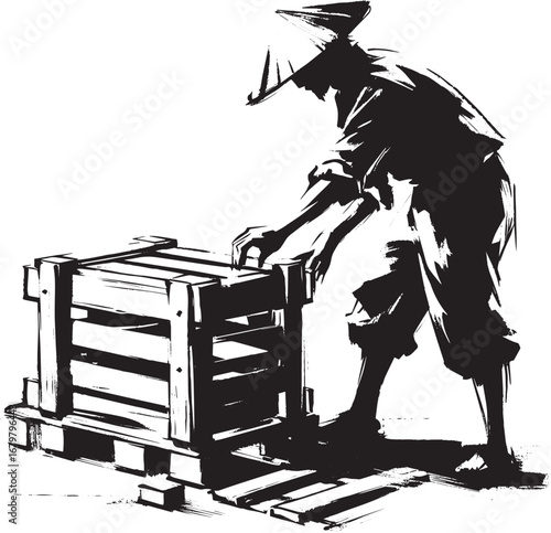 Artistic monochrome sumi-e illustration of craftsman assembling