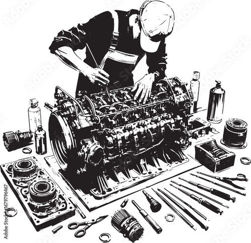 Monochrome illustration of a mechanic assembling a marine diesel