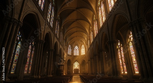 Gothic Cathedral Interior Stained Glass Sunlight church architecture window religion faith spirituality stone pillars arches vault ceiling