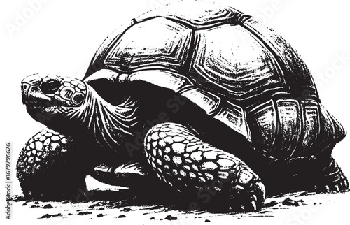 Detailed black and white illustration of a tortoise, perfect for educational or design use