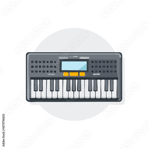 Vibrant flat design illustration of a modern electronic keyboard synthesizer for digital music creation