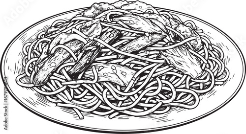Detailed woodcut illustration of chow mein dish, isolated on a w