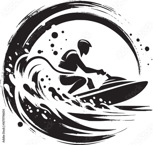 Minimalist sumi-e style water sports illustration of jet ski rid