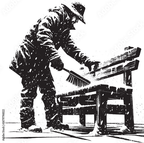 Minimalist sumi-e illustration of a man removing snow from a par