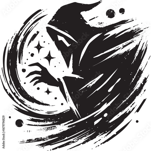 Mystical ink wash: a dark mage's silhouette with starbursts and