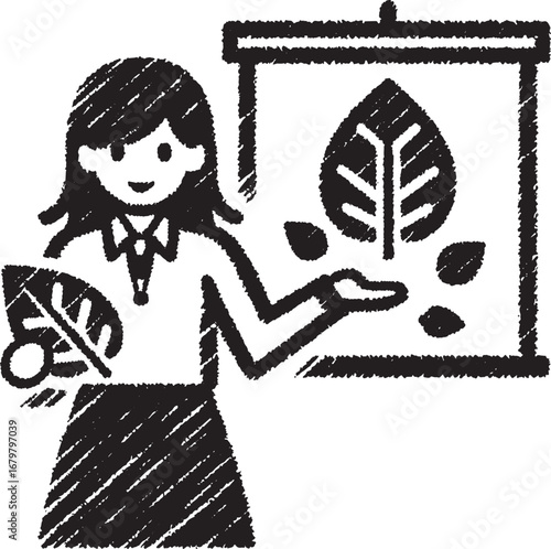 An educator presenting ecological concepts with leaf illustrations on a whiteboard for education