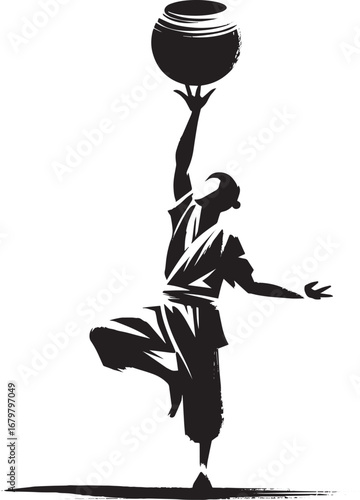 Minimalist sumi-e style illustration of a man balancing a pot on
