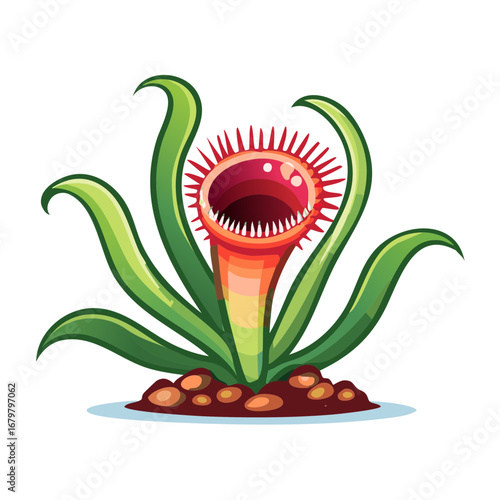 Cartoon Carnivorous Plant with Open Mouth and Sharp Teeth Surrounded by Green Leaves