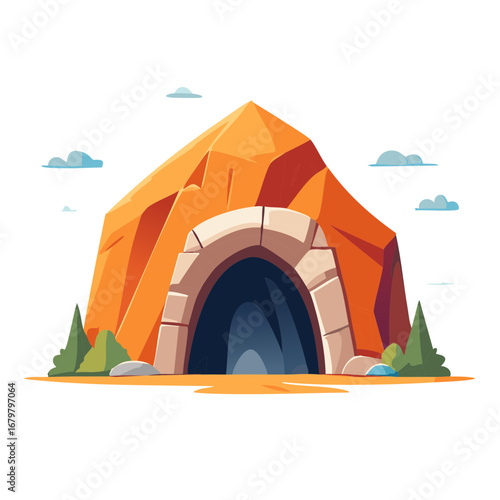 Cartoon Cave Entrance with Stone Archway and Blue Sky Elements