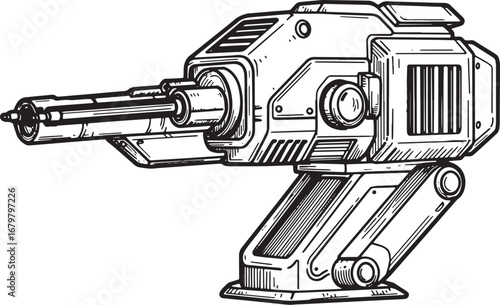 Detailed laser turret illustration in black and white woodcut st