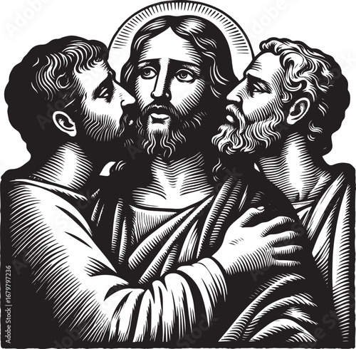 Black and white illustration depicting Jesus with two men, a representation of faith and brotherhood