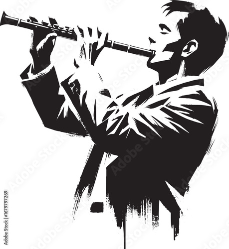 Monochromatic sumi-e artwork of a man playing a piccolo in a min