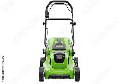 3d electric lawn mower with green housing isolated on transparent background