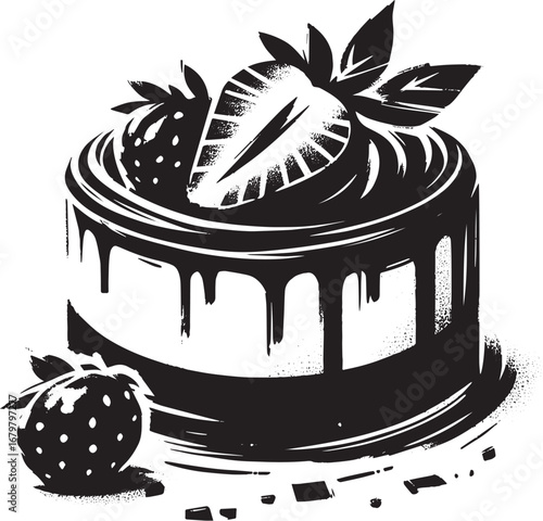 Elegant chocolate mousse cake icon with strawberries in minimali