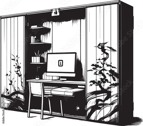 Monochrome illustration of an elegant home office with a computer, desk, and storage cabinet