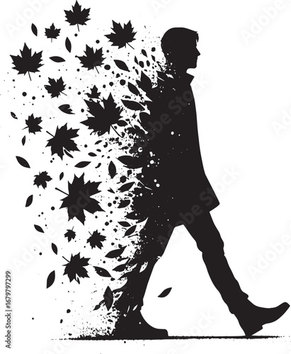 Silhouette of a man walking with autumn leaves and particles, creative digital art