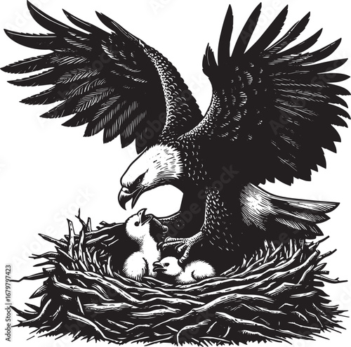 Detailed Black and White Illustration of a Bald Eagle Protecting its Nest and Chicks
