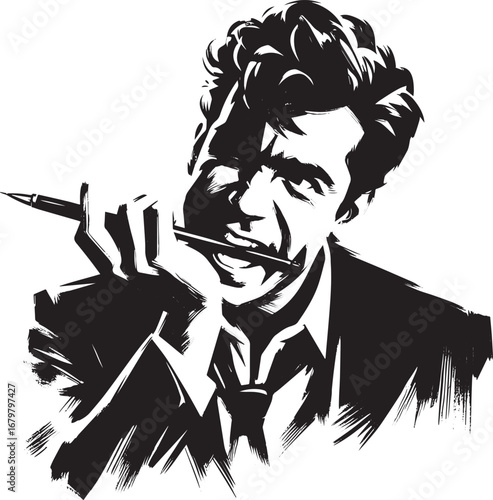 Monochrome illustration of a pensive man biting on a pen, styliz
