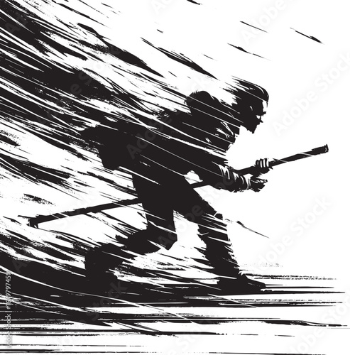 Monochrome Resilience: A man in turbulent weather with minimalis