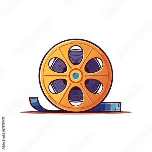 Movie Film Reel Illustration with Gold Casing and Blue Film Tape for Theatrical Film Production
